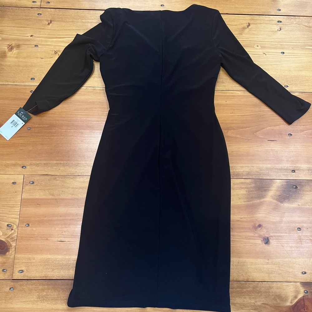 Lauren Ralph Lauren Black Faux Wrap Ruched Sheath Dress 3/4 Sleeve Size 4 NEW - Picture 9 of 9